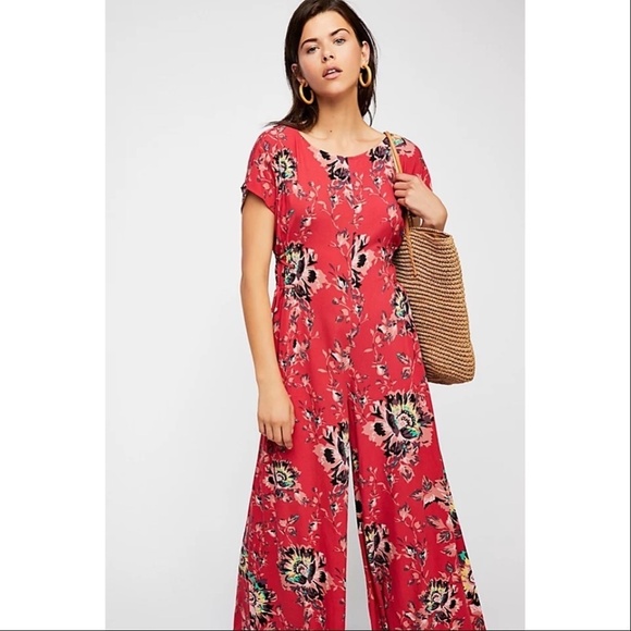 FREE PEOPLE | Red Floral Jumpsuit Rona Printed Wide Leg Lace Up - Picture 1 of 7